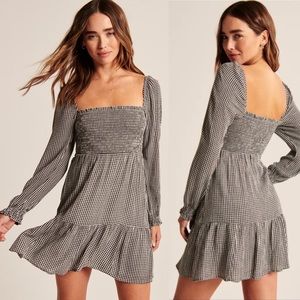 Abercrombie & Fitch Long-Sleeve Smocked Mini Dress - Black Check - Size L